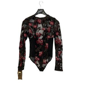 Nasty Gal Sheer Floral Black Lace Long Sleeve Bodysuit - Size XL